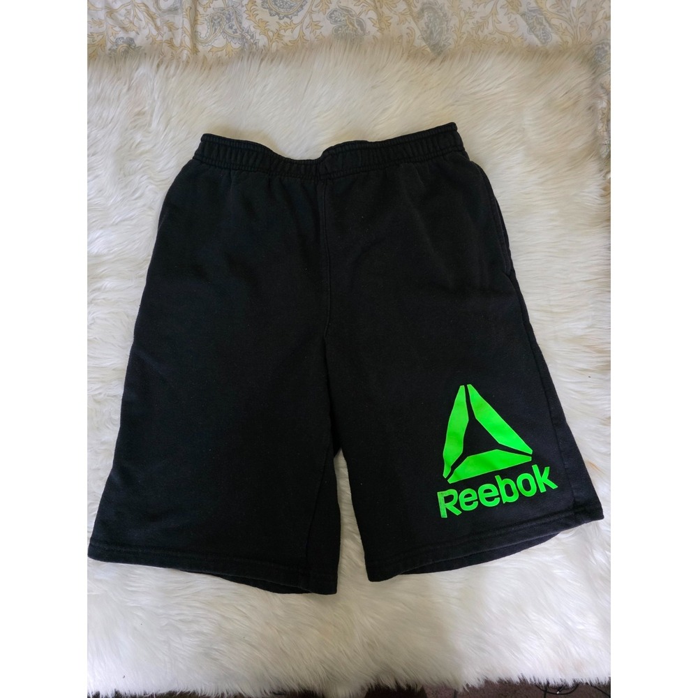 Reebok Boys XXL 18 Black Athletic Sweat Shorts Green Logo Elastic Waist